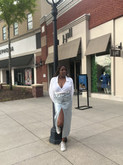 High-Waisted Metallic Denim Maxi Skirt