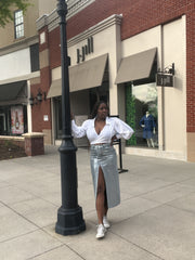 High-Waisted Metallic Denim Maxi Skirt