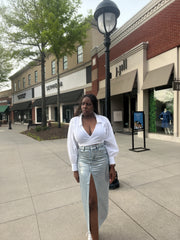 High-Waisted Metallic Denim Maxi Skirt