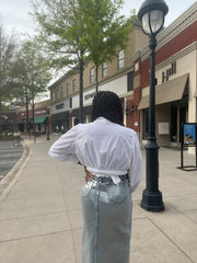 High-Waisted Metallic Denim Maxi Skirt