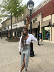 High-Waisted Metallic Denim Maxi Skirt