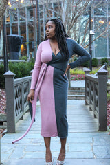 Two-Toned Color-blocked Sweater Dress (Mauve/Charcoal Grey)